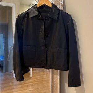 Massimo Dutti Black Cropped Leather Button Jacket